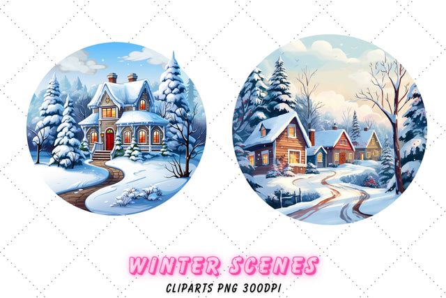 Silent Night, winter town, watercolor winter scenery, winter clipart, city graphics, houses Sublimation FloridPrintables 