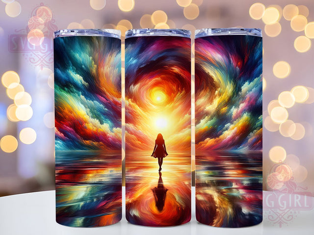 Silhouette Reflective Sky Tumbler, 20oz Aesthetic Tumbler, Dreamy Girl Sublimation, Lone Figure Art, Fantasy Nightscape Wrap, Mystical Reflection Print Sublimation SvggirlplusArt 