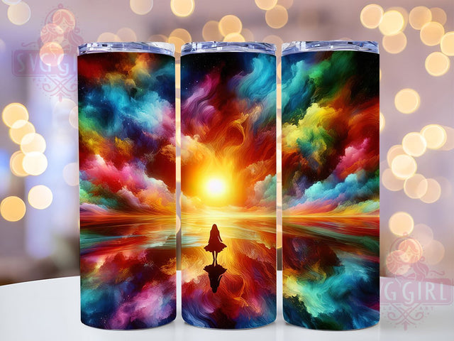 Silhouette Reflective Sky Tumbler, 20oz Aesthetic Tumbler, Dreamy Girl Sublimation, Lone Figure Art, Fantasy Nightscape Wrap, Mystical Reflection Print Sublimation SvggirlplusArt 