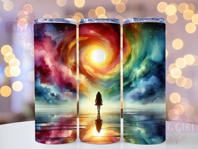 Silhouette Reflective Sky Tumbler, 20oz Aesthetic Tumbler, Dreamy Girl Sublimation, Lone Figure Art, Fantasy Nightscape Wrap, Mystical Reflection Print Sublimation SvggirlplusArt 