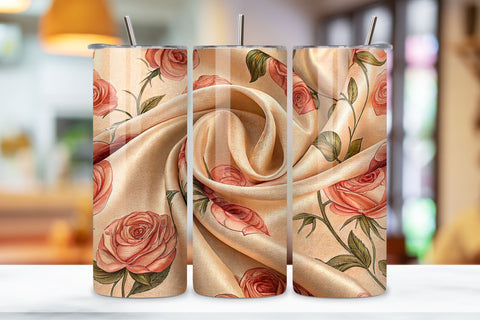 Silk Ribbon Rose Seamless Tumbler Wrap – Peach Roses with Fabric Texture Sublimation FloridPrintables 