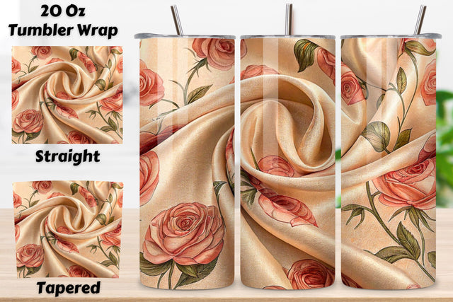 Silk Ribbon Rose Seamless Tumbler Wrap – Peach Roses with Fabric Texture Sublimation FloridPrintables 