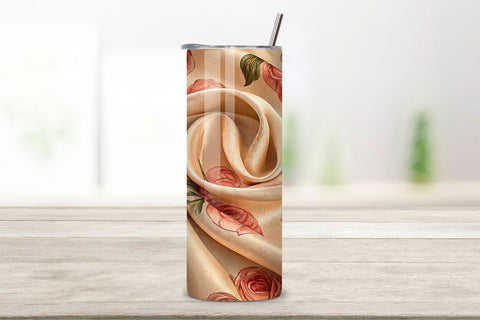 Silk Ribbon Rose Seamless Tumbler Wrap – Peach Roses with Fabric Texture Sublimation FloridPrintables 