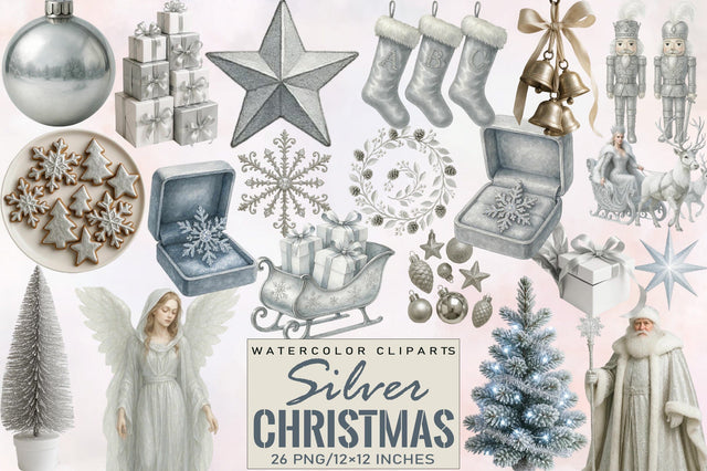 Silver Christmas Clipart Bundle. Sublimation SVGArt 