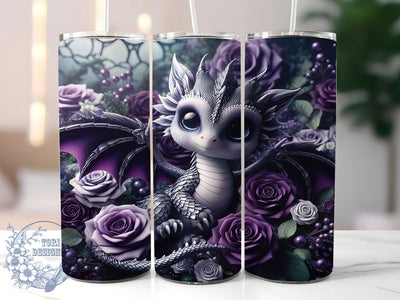 Silver Dragon Purple Rose Tumbler, Purple Roses, Fantasy Theme, Mystical Art, Elegant Design, Whimsical Style, 20Oz Tumbler Sublimation ToriDesigns 