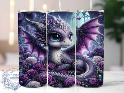 Silver Dragon Purple Rose Tumbler, Purple Roses, Fantasy Theme, Mystical Art, Elegant Design, Whimsical Style, 20Oz Tumbler Sublimation ToriDesigns 