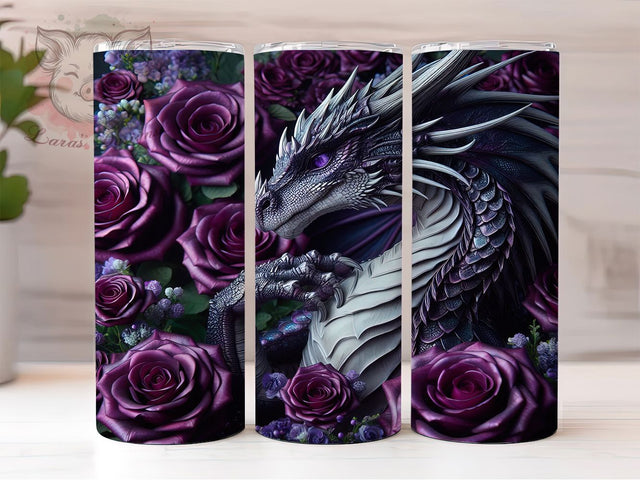 Silver Dragon Purple Roses Tumbler, Purple Roses Wrap, Fantasy Dragon Design, 20oz Tumbler Sublimation, Dragon And Roses Art, Mythical Creature Tumbler, Floral Dragon Wrap Sublimation Lara' s Designs 