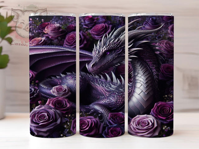 Silver Dragon Purple Roses Tumbler, Purple Roses Wrap, Fantasy Dragon Design, 20oz Tumbler Sublimation, Dragon And Roses Art, Mythical Creature Tumbler, Floral Dragon Wrap Sublimation Lara' s Designs 
