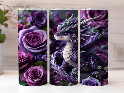 Silver Dragon Purple Roses Tumbler, Purple Roses Wrap, Fantasy Dragon Design, 20oz Tumbler Sublimation, Dragon And Roses Art, Mythical Creature Tumbler, Floral Dragon Wrap Sublimation Lara' s Designs 