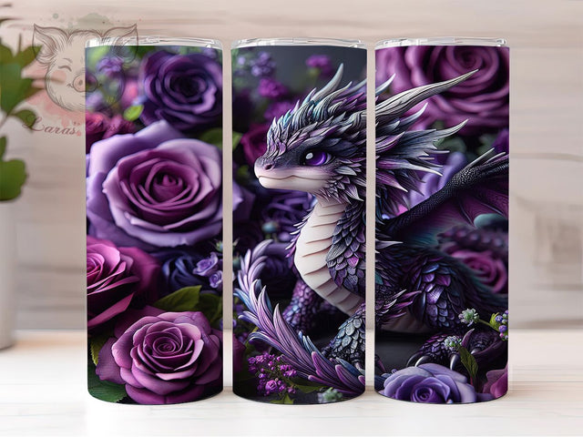 Silver Dragon Purple Roses Tumbler, Purple Roses Wrap, Fantasy Dragon Design, 20oz Tumbler Sublimation, Dragon And Roses Art, Mythical Creature Tumbler, Floral Dragon Wrap Sublimation Lara' s Designs 