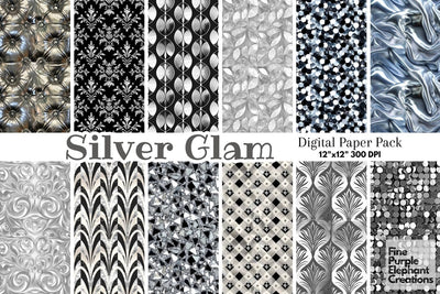 Silver Glam Digital Paper | Luxury Glitter Art Deco Digital Pattern Fine Purple Elephant Creations 