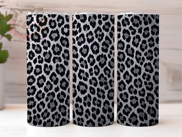 Silver Leopard Glitter Glow 20oz Tumbler, Silver Theme, Leopard Print, Glitter Effect, Glow Style, Chic Charm, Skinny Tumbler, Sublimation PNG Sublimation Lara' s Designs 