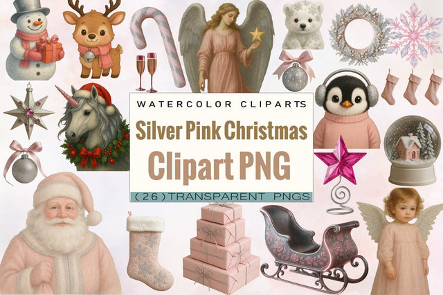 Silver Pink Christmas Clipart Bundle. Sublimation SVGArt 