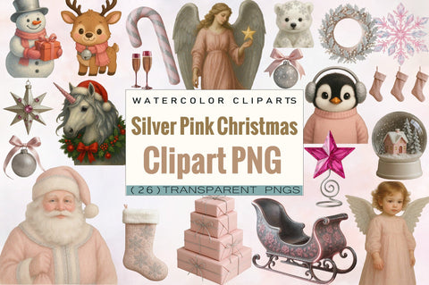 Silver Pink Christmas Clipart Bundle. Sublimation SVGArt 