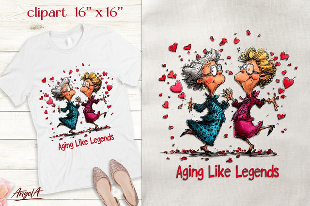 Single Valentine clipart Elderly ladies friends Funny quote Sublimation Angelina Semenova 