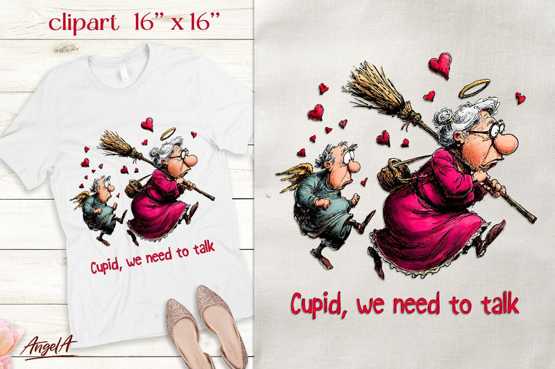 Single Valentine clipart Elderly lady and cupid Funny quote Sublimation Angelina Semenova 