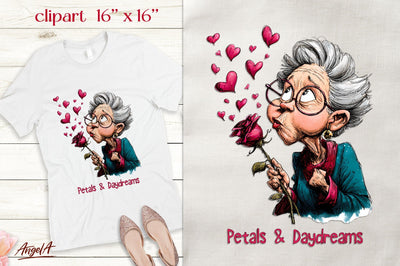 Single Valentine clipart Elderly lady Romantic quote PNG Sublimation Angelina Semenova 