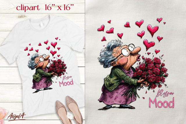 Single Valentine clipart Elderly lady romantic quote Sublimation Angelina Semenova 