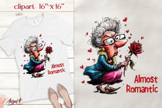 Single Valentine clipart Elderly lady romantic quote Sublimation Angelina Semenova 