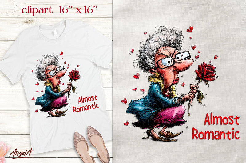 Single Valentine clipart Elderly lady romantic quote Sublimation Angelina Semenova 