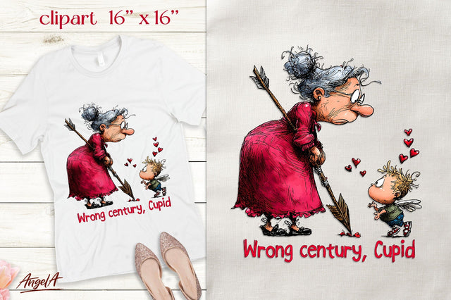 Single Valentine elderly lady Cupid clipart Sarcastic Quote Sublimation Angelina Semenova 