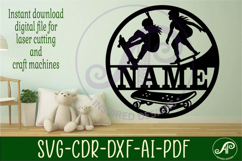 Skateboarder female Name sign svg laser cut template SVG APInspireddesigns 