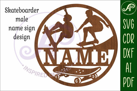Skateboarder male Name sign svg laser cut template SVG APInspireddesigns 