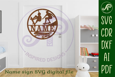 Skateboarder male Name sign svg laser cut template SVG APInspireddesigns 