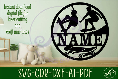 Skateboarder male Name sign svg laser cut template SVG APInspireddesigns 