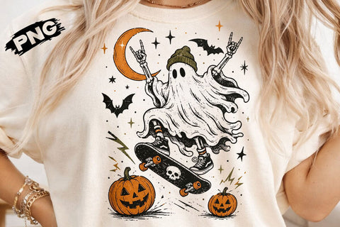 Skateboarding Ghost Halloween PNG Design SVG DesignDestine 
