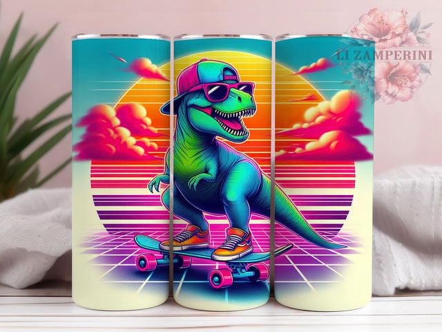Skateboarding Retro T-Rex Tumbler, Retro T-Rex Tumbler Wrap, 20oz Tumbler Sublimation, Cool Dino Skater Design, Vintage Jurassic Tumbler, Neon 80s Dinosaur Art Sublimation Li Zamperini 