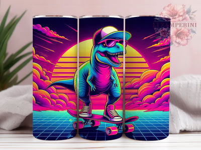 Skateboarding Retro T-Rex Tumbler, Retro T-Rex Tumbler Wrap, 20oz Tumbler Sublimation, Cool Dino Skater Design, Vintage Jurassic Tumbler, Neon 80s Dinosaur Art Sublimation Li Zamperini 