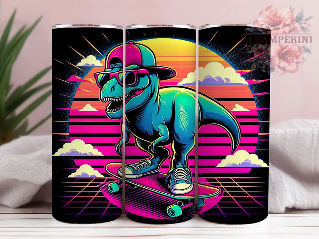 Skateboarding Retro T-Rex Tumbler, Retro T-Rex Tumbler Wrap, 20oz Tumbler Sublimation, Cool Dino Skater Design, Vintage Jurassic Tumbler, Neon 80s Dinosaur Art Sublimation Li Zamperini 