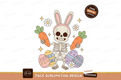 Skeleton bunny holding carrots surrounded by easter eggs and flowers Sublimation Designangry 