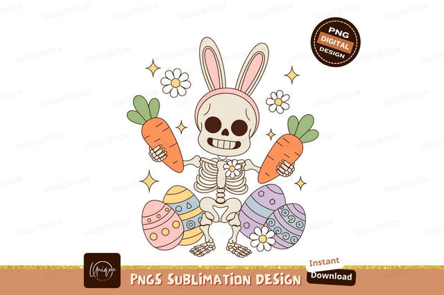 Skeleton bunny holding carrots surrounded by easter eggs and flowers Sublimation Designangry 