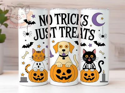 Skeleton Cat Dog Halloween Tumbler Wrap, Skeleton Cat Dog Design, No Tricks Just Treats, Spooky Pumpkin Sublimation, Cute Halloween Pets, Fall Drinkware Art, Sublimation PNG Wrap Sublimation Lara' s Designs 