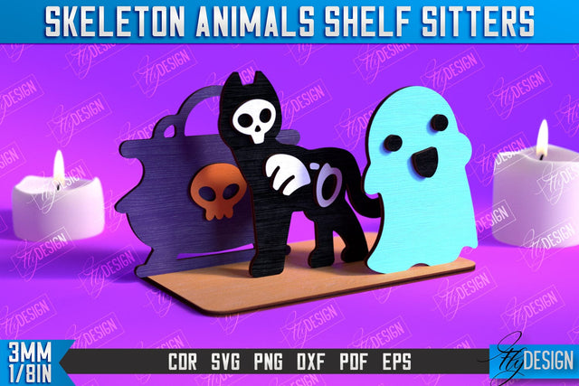 Skeleton Cat Shelf Sitters | Halloween Skeleton | Little Monsters | CNC File SVG Fly Design 