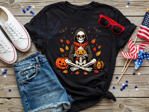 Skeleton Coffee Cozy T-Shirt PNG, Skeleton Coffee, Cozy Vibes, Spooky Style, Café Life, Sublimation PNG, Statement Shirt, Gothic Fashion Sublimation ToriDesigns 