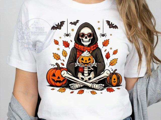 Skeleton Coffee Cozy T-Shirt PNG, Skeleton Coffee, Cozy Vibes, Spooky Style, Café Life, Sublimation PNG, Statement Shirt, Gothic Fashion Sublimation ToriDesigns 