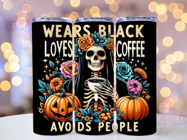 Skeleton Coffee Lover, Black Skeleton, Avoids People, 20oz Tumbler, PNG Sublimation, Halloween Decor, Introvert Gift, Spooky Tumbler Sublimation SvggirlplusArt 