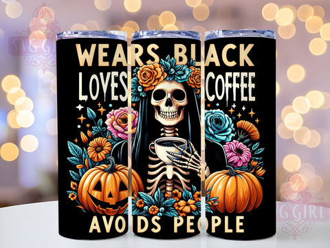 Skeleton Coffee Lover, Black Skeleton, Avoids People, 20oz Tumbler, PNG Sublimation, Halloween Decor, Introvert Gift, Spooky Tumbler Sublimation SvggirlplusArt 