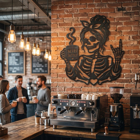 Skeleton Coffee Lover Laser SVG | Never Better Messy Bun Metal Art | Funny Coffee Quote CNC Plasma Cut File | Gothic Wall Decor Laser Cut SVG HappyDesignStudio 