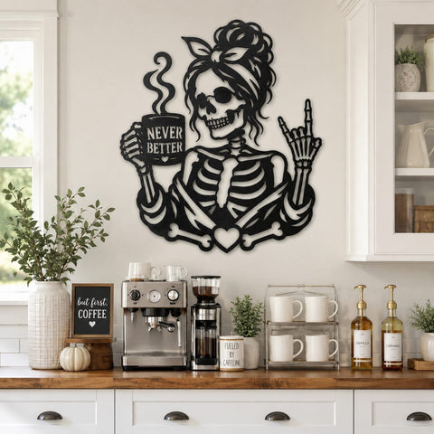Skeleton Coffee Lover Laser SVG | Never Better Messy Bun Metal Art | Funny Coffee Quote CNC Plasma Cut File | Gothic Wall Decor Laser Cut SVG HappyDesignStudio 