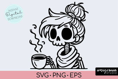 Skeleton Coffee SVG - Halloween Messy Bun Mom Skull SVG SVG OrangeBrushStudio 