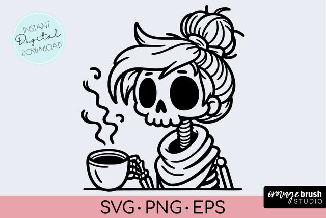 Skeleton Coffee SVG - Halloween Messy Bun Mom Skull SVG SVG OrangeBrushStudio 