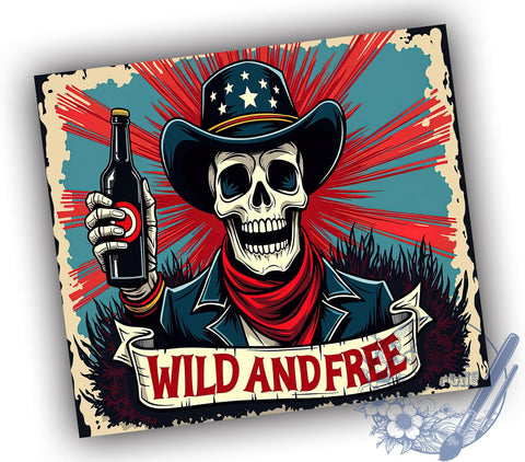 Skeleton Cowboy Tumbler, July 4th Design, Patriotic Tumbler Wrap, Beer Tumbler, 20oz Skinny Tumbler, Wild and Free Flag, Sublimation PNG Sublimation ToriDesigns 
