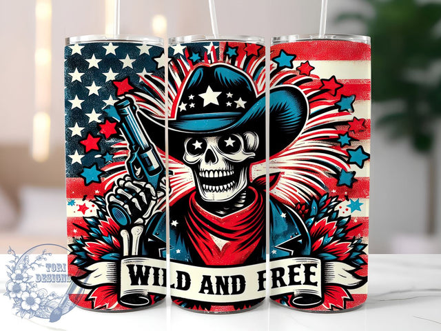 Skeleton Cowboy Tumbler, July 4th Design, Patriotic Tumbler Wrap, Beer Tumbler, 20oz Skinny Tumbler, Wild and Free Flag, Sublimation PNG Sublimation ToriDesigns 