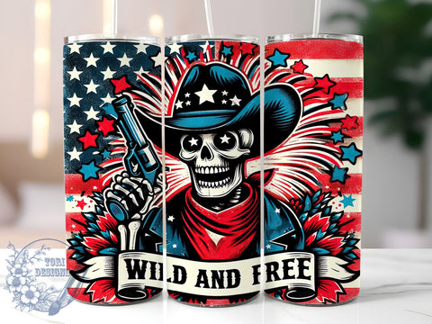 Skeleton Cowboy Tumbler, July 4th Design, Patriotic Tumbler Wrap, Beer Tumbler, 20oz Skinny Tumbler, Wild and Free Flag, Sublimation PNG Sublimation ToriDesigns 