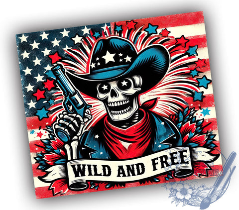Skeleton Cowboy Tumbler, July 4th Design, Patriotic Tumbler Wrap, Beer Tumbler, 20oz Skinny Tumbler, Wild and Free Flag, Sublimation PNG Sublimation ToriDesigns 
