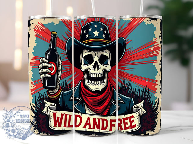 Skeleton Cowboy Tumbler, July 4th Design, Patriotic Tumbler Wrap, Beer Tumbler, 20oz Skinny Tumbler, Wild and Free Flag, Sublimation PNG Sublimation ToriDesigns 
